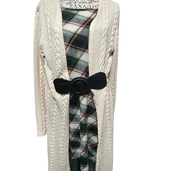Plaid Patchwork Plaid Knit Dress Sweater Women XL Knee Length Long Sleeves Belt - Picture 2 of 7